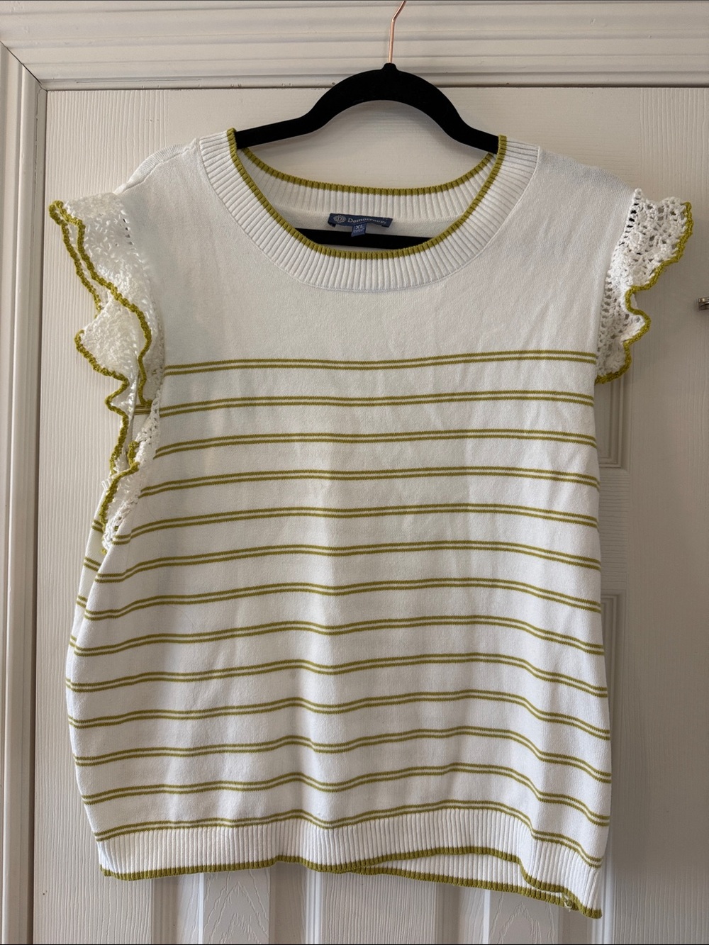 Democracy White Knit Tank Blouse with Olive Stripe & Crochet Flutter Sleeves